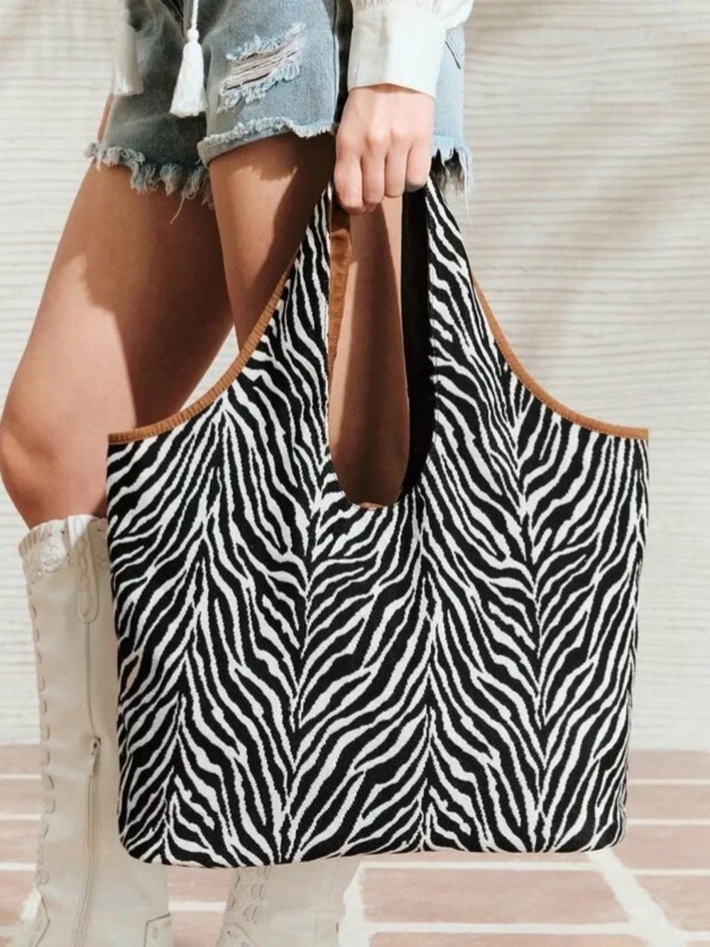 Zebra Print Tote Bag with Brown Trim - Women's Fashion Bag